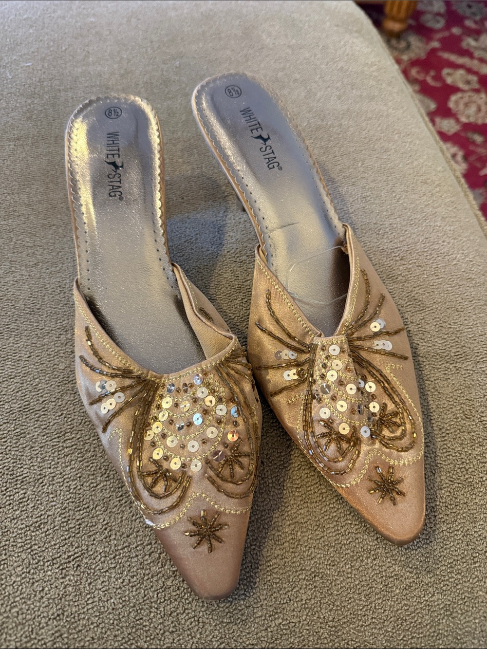 White Stag Brown satin shoes beaded prom embellished heel mules 8.5 (TD)